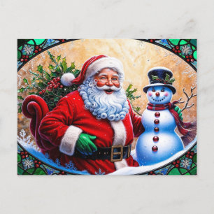 Cartão Postal De Festividades Santa Claus e Snowman Natal Vidro Mantido