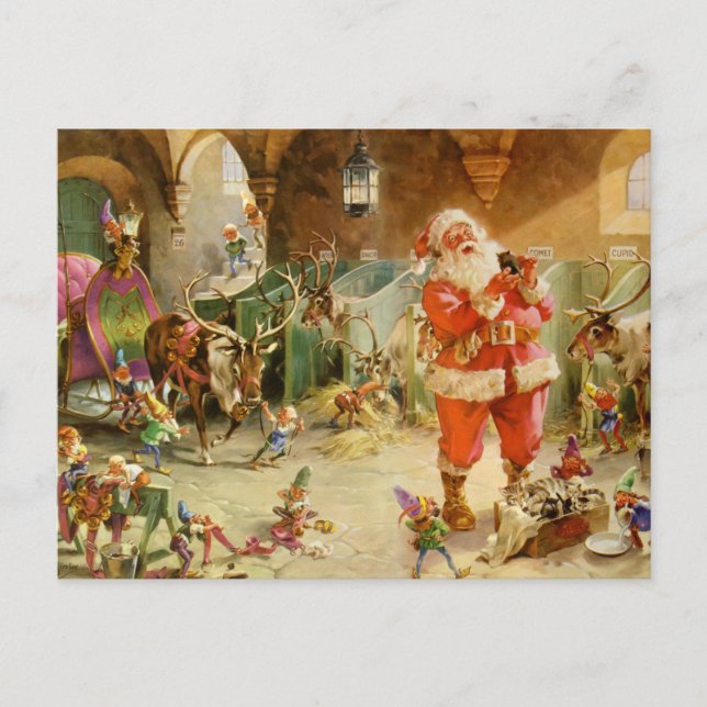 Cartão Postal De Festividades Santa Claus in the North Pole Reindeer Stables (Frente)