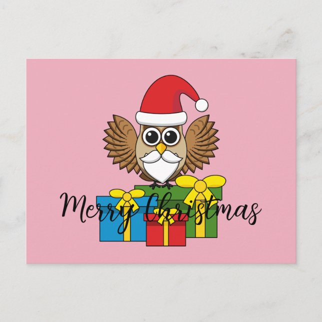 Cartão Postal De Festividades Santa Claus Owl com Presentes | Adicionar texto (Frente)