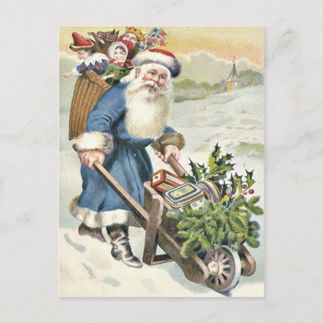 Cartão Postal De Festividades Santa Claus Wheelbarrow Evergreen Toys Candy (Frente)