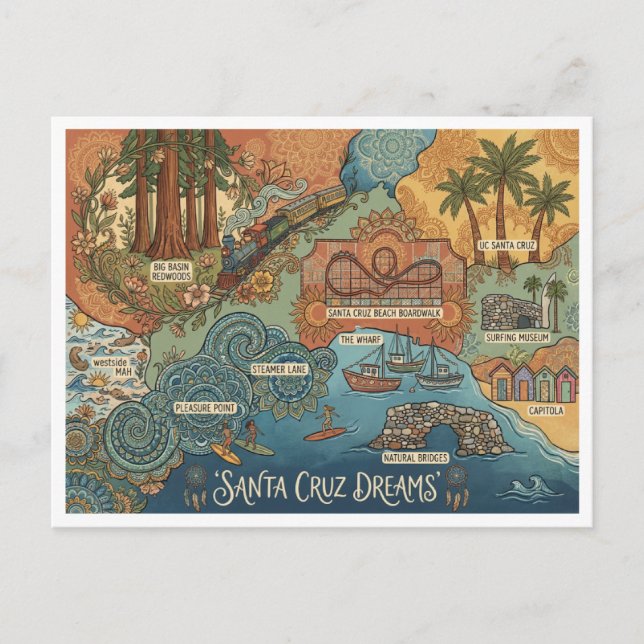 Cartão Postal De Festividades Santa Cruz California Dreams Map – Vibrant Coast (Frente)
