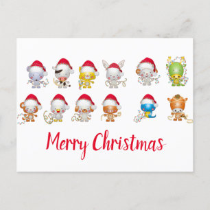 Cartão Postal De Festividades Santa Hat de Animais de Natal Bonitos 