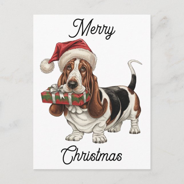Cartão Postal De Festividades santa hat vestindo basset hound personalizado (Frente)