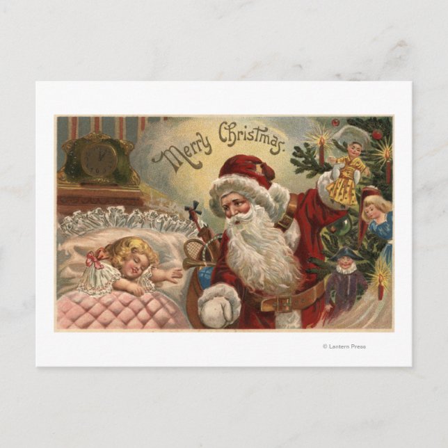 Cartão Postal De Festividades Santa Holding Doll, Sleeping Girl (Frente)