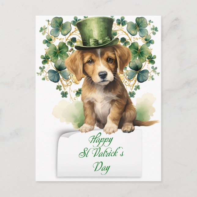 Cartão Postal De Festividades Santa Patrick's Day Cute Irish Puppy (Frente)