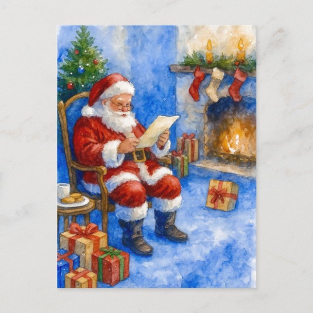 Cartão Postal De Festividades Santa Reading Letters by the Fireplace Postcard (Frente)
