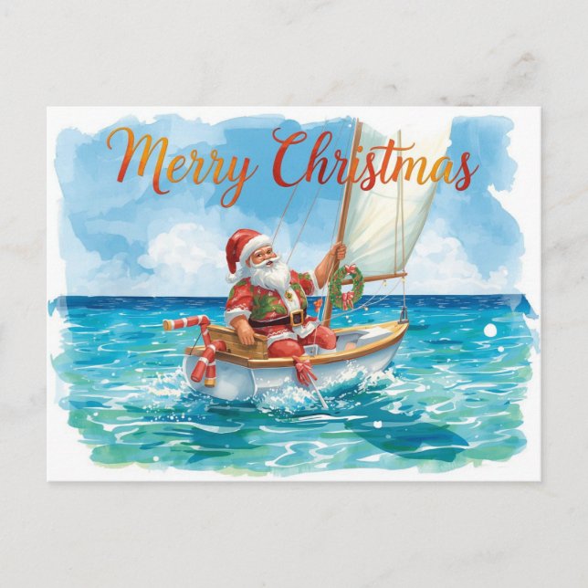 Cartão Postal De Festividades Santa Sailing – Tropical Watercolor Christmas (Frente)