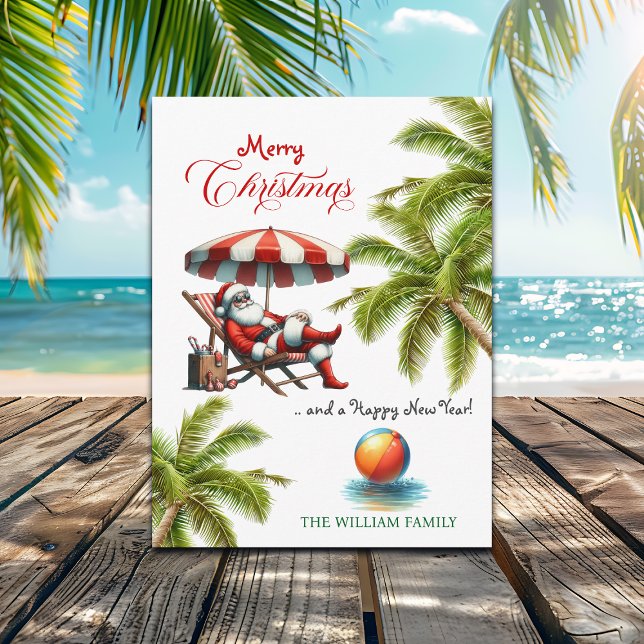 Cartão Postal De Festividades Santa under a Beach Umbrella Christmas (Criador carregado)