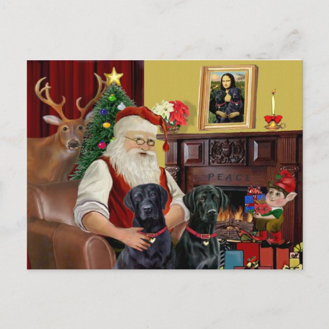 Cartão Postal De Festividades Santa's 2 Labradors (black) (Frente)