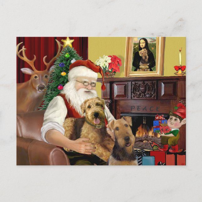 Cartão Postal De Festividades Santas Dois Airedales (Frente)