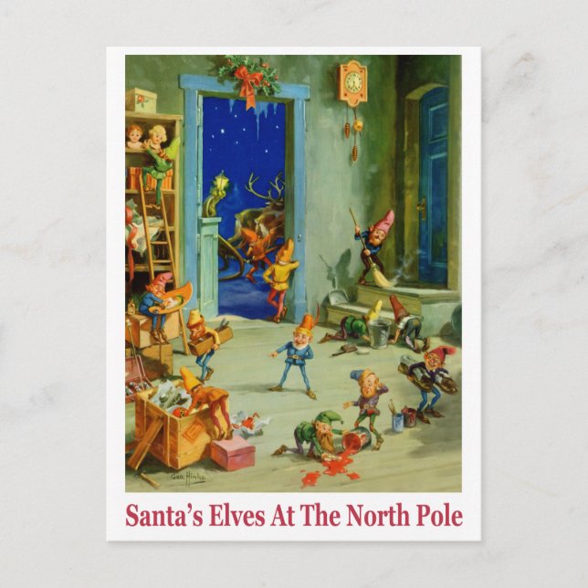 Cartão Postal De Festividades Santa's Elves Busy at the North Pole (Frente)