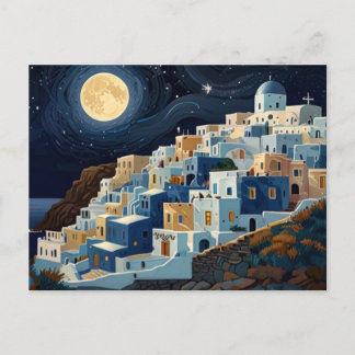 Cartão Postal De Festividades Santorini, Aldeia Grega Grécia de Lua Completa