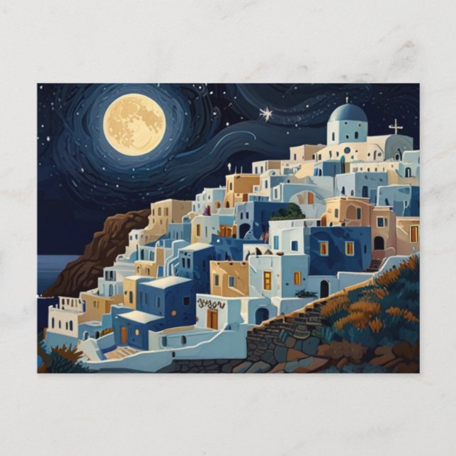 Cartão Postal De Festividades Santorini, Aldeia Grega Grécia de Lua Completa (Frente)