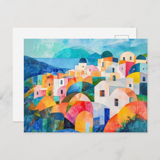 Cartão Postal De Festividades Santorini Hillside em Abstrato Hues (Frente/Verso)