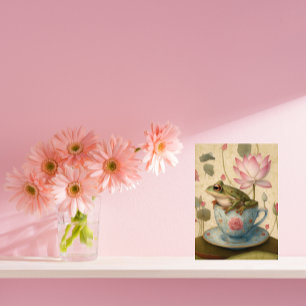 Cartão Postal De Festividades Sapo no Blue Floral Teacup com Flor de Lotus