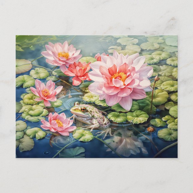 Cartão Postal De Festividades Sapo sentado entre as águas floridas (Frente)