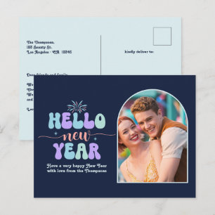 Cartão Postal De Festividades Sapphire Groove Ano Novo Foto Azul Moderno Retrô