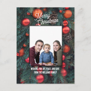 Cartão Postal De Festividades Saudação de Natal foto ornamentos vermelhos