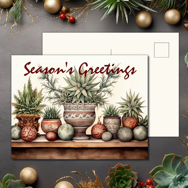 Cartão Postal De Festividades Saudações da Época Votaram Suculentos Natal (Season's Greetings Potted Succulents Christmas Holiday Postcard)