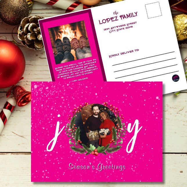 Cartão Postal De Festividades Saudações da temporada Joy Vibrant Foto rosa (Criador carregado)