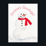 Cartão Postal De Festividades Saudações da temporada Watercolor Snowman Divertid<br><div class="desc">Este cartão postal de feriado bonito mostra um boneco de neve pintado com a mão com a legenda "Saudações da Época!" O verso tem espaço para sua foto,  juntamente com uma mensagem e assinatura curtas. Maneira divertida de enviar alegria de Natal neste Natal.</div>
