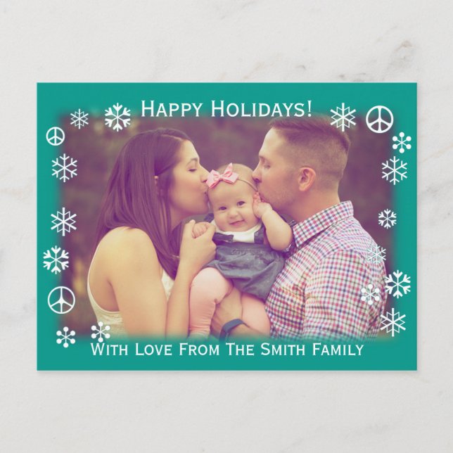 Cartão Postal De Festividades Saudações de Feriado Verde com neve e sinais de pa (Frente)