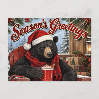 Cartão Postal De Festividades Saudações de Fim de Ano Urso Negro Bebendo Sidra
