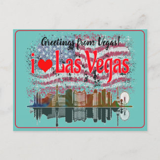 Cartão Postal De Festividades Saudações De Las Vegas Skyline American Flag