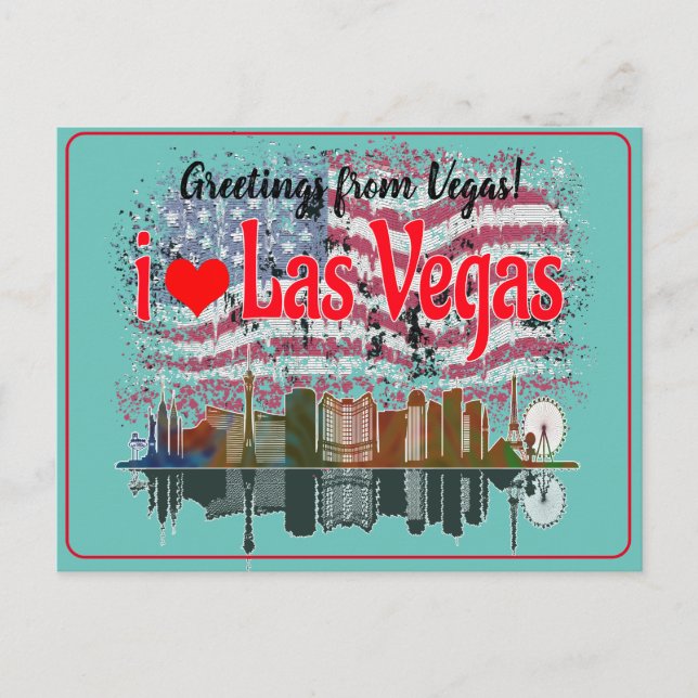 Cartão Postal De Festividades Saudações De Las Vegas Skyline American Flag (Frente)