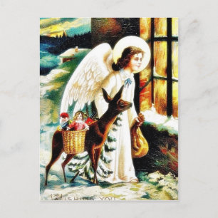 Cartão Postal De Festividades Saudações de Natal com anjos vêm de cervo