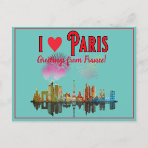 Cartão Postal De Festividades Saudações de Paris no Night Skyline Fireworks