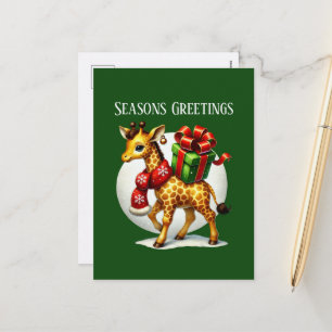 Cartão Postal De Festividades Saudações de Temporada Festiva girafa selva