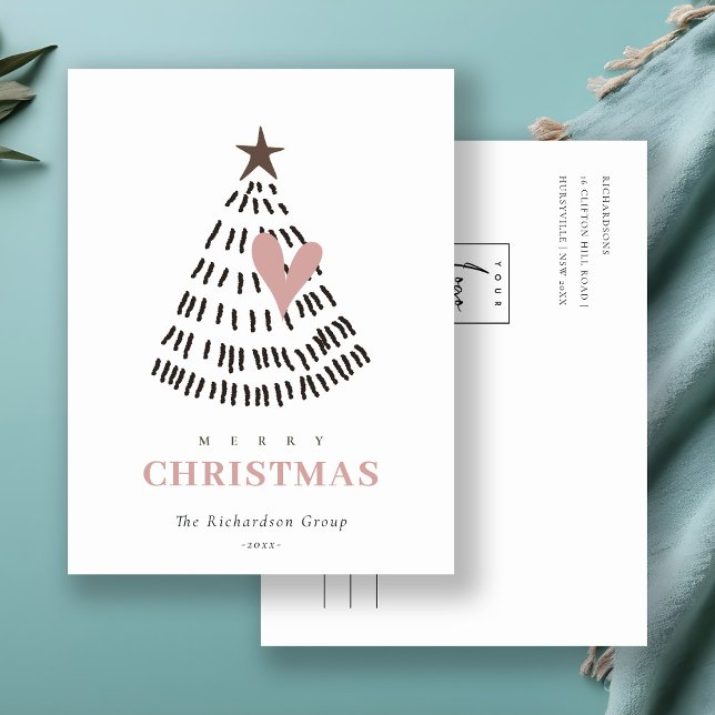 Cartão Postal De Festividades Scandi Minimal Blush Heart Christmas Tree Logo (Criador carregado)