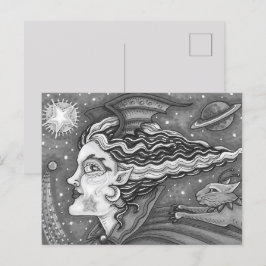 CARTÃO POSTAL DE FESTIVIDADES SCI FI SPACE WITCH & COMET CAT BLK/WHALLOWEEN