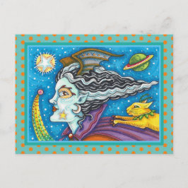 CARTÃO POSTAL DE FESTIVIDADES SCI FI SPACE WITCH & COMET CAT COLORFUL HALLOWEEN