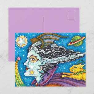 CARTÃO POSTAL DE FESTIVIDADES SCI FI SPACE WITCH & COMET CAT COLORFUL HALLOWEEN
