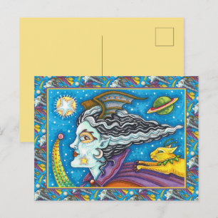 CARTÃO POSTAL DE FESTIVIDADES SCI FI SPACE WITCH & COMET CAT HUMOROUS HALLOWEEN