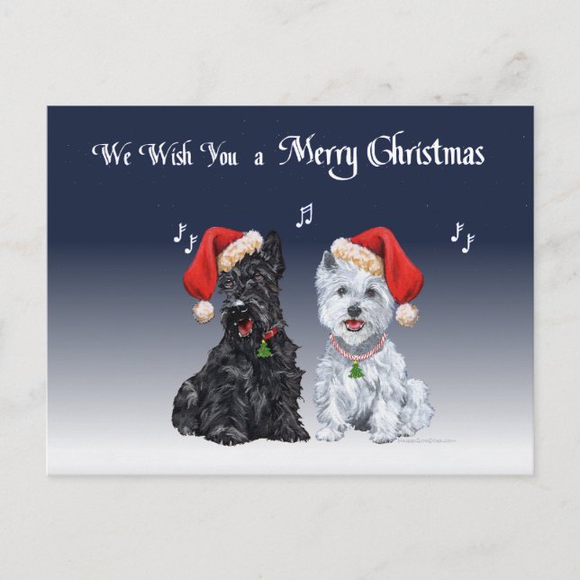 Cartão Postal De Festividades Scottie e Westie Caroling (Frente)