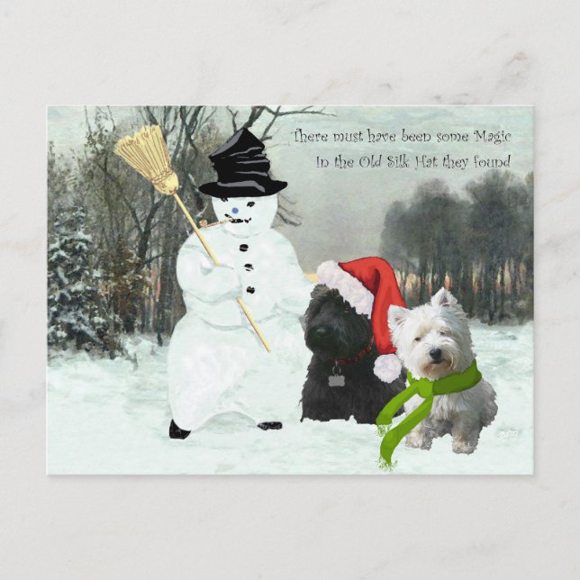 Cartão Postal De Festividades Scottie e Westie com Snowman (Frente)
