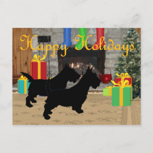 Cartão Postal De Festividades Scotties de Natal ao pé da Lareira