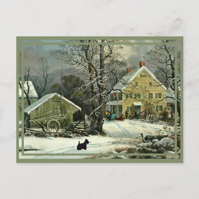 Cartão Postal De Festividades Scottish Terrier Old Fashiated Winter (Frente)