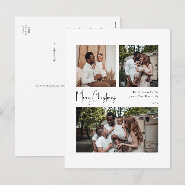 Cartão Postal De Festividades Script de Natal Moderno Centralizado em Três Fotos (Frente/Verso)