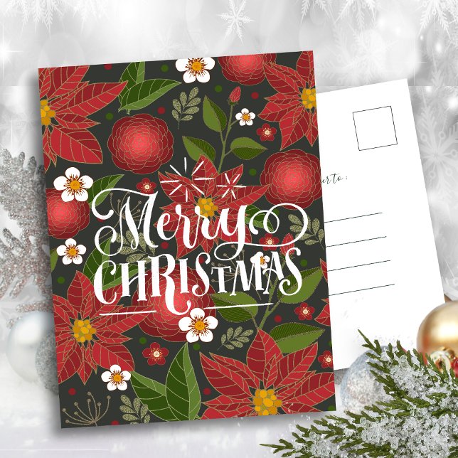 Cartão Postal De Festividades Script Moderno Floral de Poinsettia Vermelha Elega (Criador carregado)