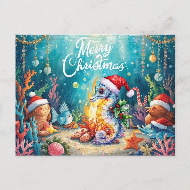 Cartão Postal De Festividades Seahorse Under the Sea Christmas Party  (Frente)