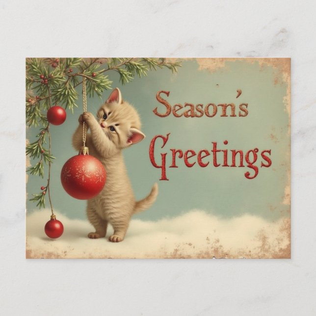 Cartão Postal De Festividades Season’s Greetings Kitten Postcard – Add Your Text (Frente)