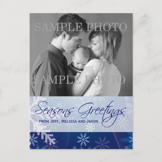 Cartão Postal De Festividades Seasons Greetings Blue Snowflakes Photo Postcard (Frente)