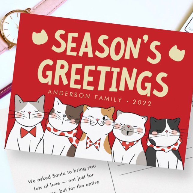 Cartão Postal De Festividades Season's Greetings Funny Cute Cats Caroling (Criador carregado)