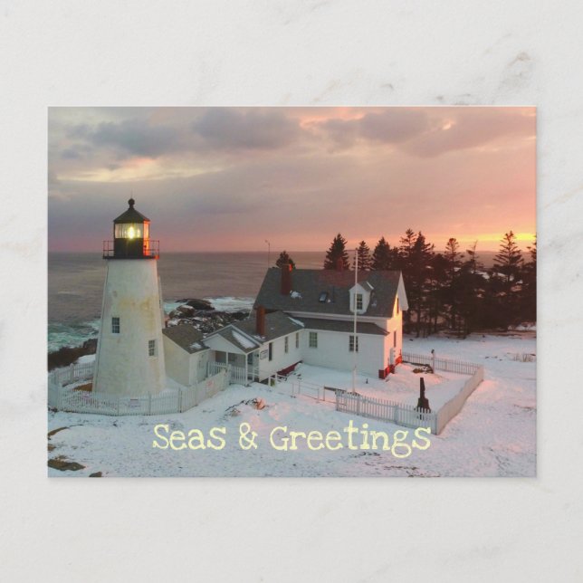 Cartão Postal De Festividades Seasons saúda Maine Lighthouse (Frente)
