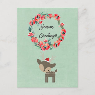 Cartão Postal De Festividades Seasons saudações Retro Deer com Floral Wreath