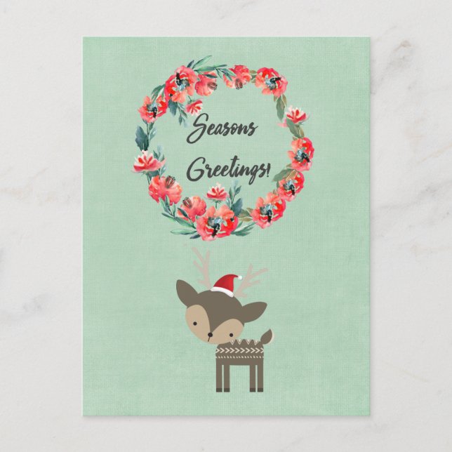 Cartão Postal De Festividades Seasons saudações Retro Deer com Floral Wreath (Frente)